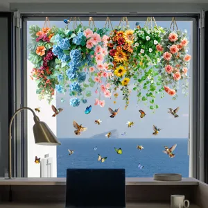 Detalle de pegatinas para ventanas de cestas de flores y pájaros con vista al mar