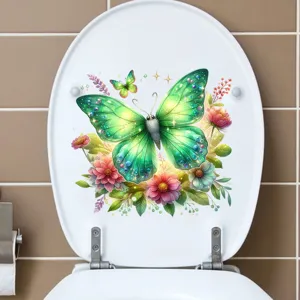 Detailed view of a vibrant green butterfly and flower waterproof sticker on a toilet lid.