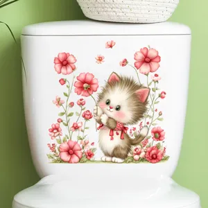 Cute cartoon cat and pink floral waterproof wall stickers displayed on a toilet tank