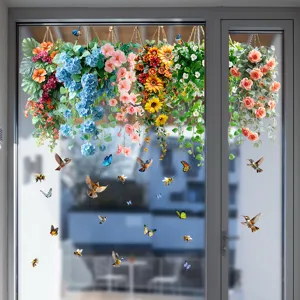 Pegatinas de ventana vívidas con cestas de flores y pájaros para decoración del hogar.