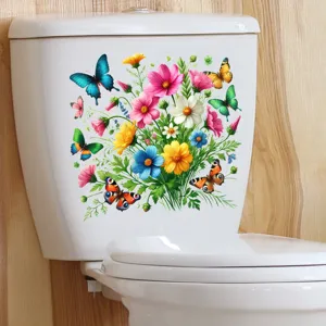 Vibrant floral and butterfly waterproof decal shown applied on a white toilet tank.