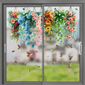 Vista detallada de pegatinas estáticas para ventanas con cestas de flores y colibríes