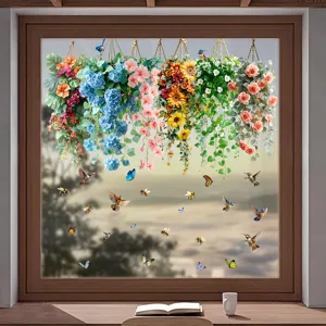 Detalle de vinilos estáticos para ventanas con cestas de flores y pájaros de colores