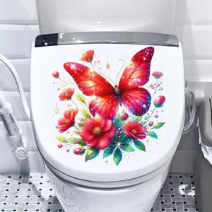 Detailed view of vibrant red butterfly and flower waterproof toilet lid sticker decoration