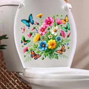 Detailed view of vibrant flower and butterfly waterproof decals on a white toilet seat