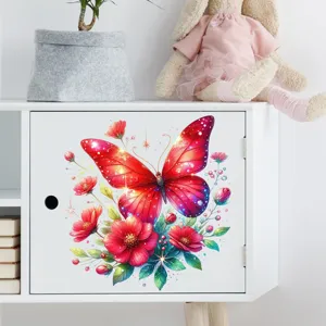 Detailed view of a vibrant colorful butterfly and flower waterproof sticker on a white cabinet
