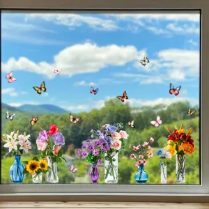 Pegatinas estáticas de mariposas y jarrones de flores para decorar superficies de cristal