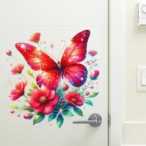 Vibrant red butterfly and floral self-adhesive waterproof wall sticker for home decor.