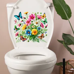 Vibrant floral and butterfly waterproof decal applied on a white toilet lid.