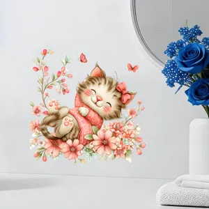 Detail view of a cute cartoon cat wall sticker with pink flowers and butterflies on a wall