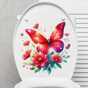 Detailed view of colorful butterfly and flower waterproof sticker on a white toilet lid