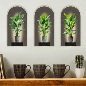 Detail view showing three arched simulated green plant wall stickers on a minimalist wall