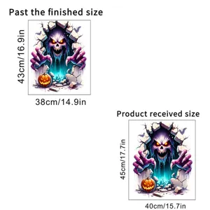 Halloween 3D wall sticker size guide showing received and finished dimensions in cm and in.