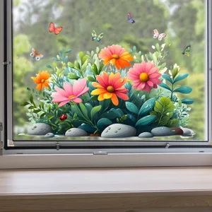 Farbenfroher Blumen- und Schmetterlings-Fensteraufkleber für die Glasdekoration zu Hause