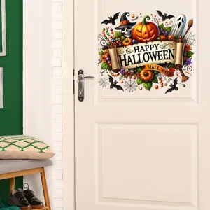 Detailed view of a festive Halloween wall decal with skull and pumpkin on a white door
