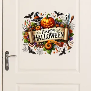 Detailed close-up of a festive Halloween door sticker featuring pumpkins, ghosts and skulls.