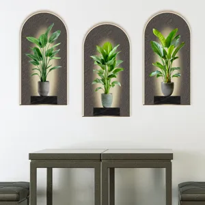3D arched wall stickers with realistic green potted plant designs for modern home wall decor.