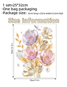 Detailed dimensions of 3D floral wall sticker with purple and gold peonies for home decor.