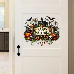 Detailed view of a festive Halloween window sticker applied to a white wooden door