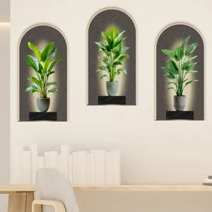 Three arch wall stickers with green potted plants displayed in a modern room setup