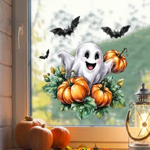 Vue détaillée du sticker de fenêtre décoratif fantôme et citrouille d'Halloween sur vitre