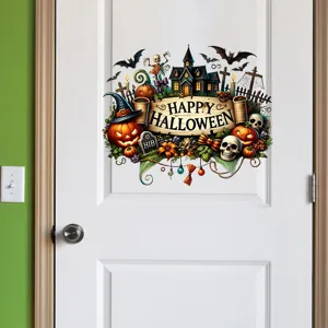 Detailed view of Halloween pumpkin and skull decorative sticker applied on a white door