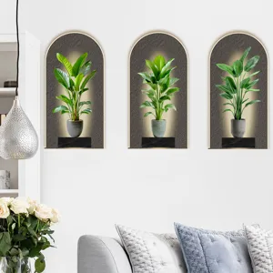 Modern 3D arch wall stickers featuring green potted plants for living room decor