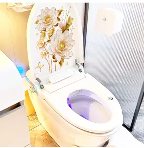 Close-up of 3D floral sticker applied on white toilet lid in a modern bathroom