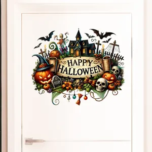 Vibrant detailed Halloween pumpkin and haunted house wall sticker on a white door