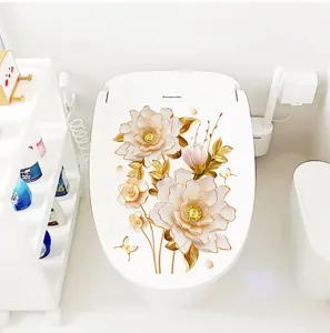 Detailed view of 3D floral sticker applied to a toilet lid for elegant bathroom decor