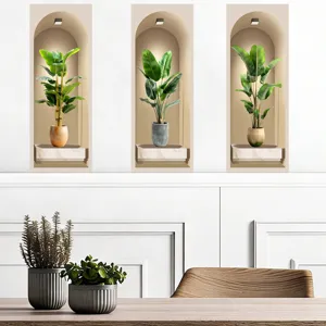 3D arch niche wall decals with potted green plants displayed in a modern dining room