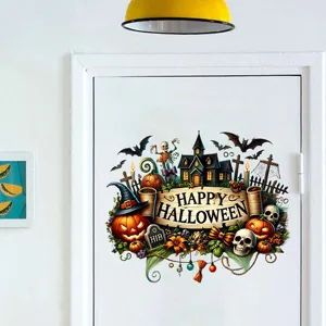 Close-up detail of Halloween pumpkin and skull removable wall decal applied to a door