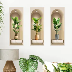 Set of three 3D wall stickers featuring realistic green potted plants in elegant arched niches.