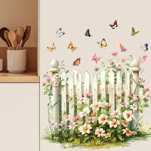 Tuinhek muursticker met kleurrijke bloemen en vlinders op de muur