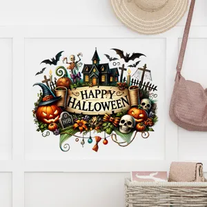 Vibrant Halloween skull and pumpkin window sticker for festive wall and glass decor