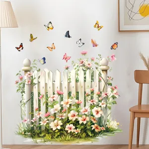 Muursticker met tuinhek, kleurrijke bloemen en vlinders voor mooie huisdecoratie