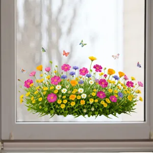 Farbenfroher Wildblumengarten und Schmetterlinge statischer Fensteraufkleber für Glas
