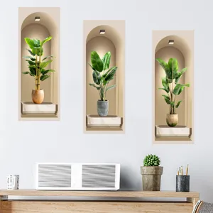 3D arch niche wall sticker showing potted green plants on wall
