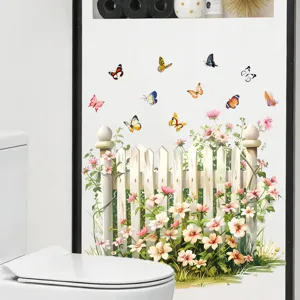 Waterdichte verwijderbare muursticker met ontwerp van tuinhek bloemen en vlinders