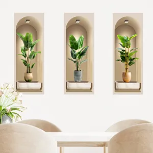 Detail showing 3D tropical plant wall stickers in minimalist arched niches for home decor