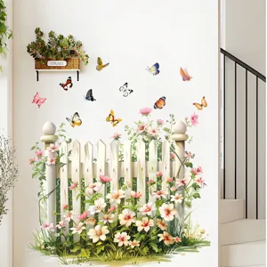 Verwijderbare tuinhek en bloemen muursticker met kleurrijke vlinders