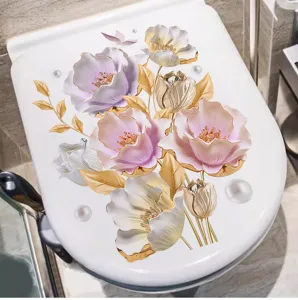 Detailed macro view showing the 3D embossed floral sticker on a white toilet lid