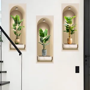 3D visual wall stickers featuring realistic green potted plants in elegant arched niches