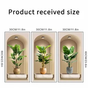 Detailed view of 3pcs green potted plant wall sticker set with 30x60cm size specifications