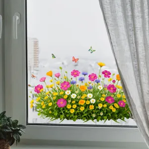 Lebendiger Blumen- und Gras-Fensteraufkleber mit bunten Schmetterlingen für Glasdekor