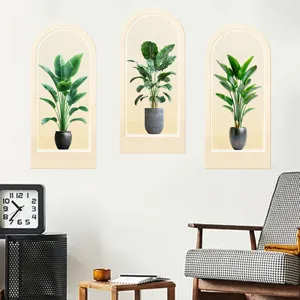Detailed scene of 3D arch-shaped wall stickers with tropical green potted plants.