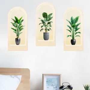 Three-piece arched wall stickers with 3D green plants inside