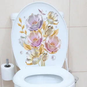 3D floral toilet lid sticker with purple and gold flowers for bathroom decoration