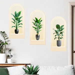 Set of 3 arch-shaped 3D wall stickers with realistic green plants for living room decor