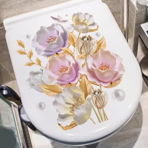 Elegant 3D floral toilet lid wall sticker with pink and gold blossoms for bathroom decor